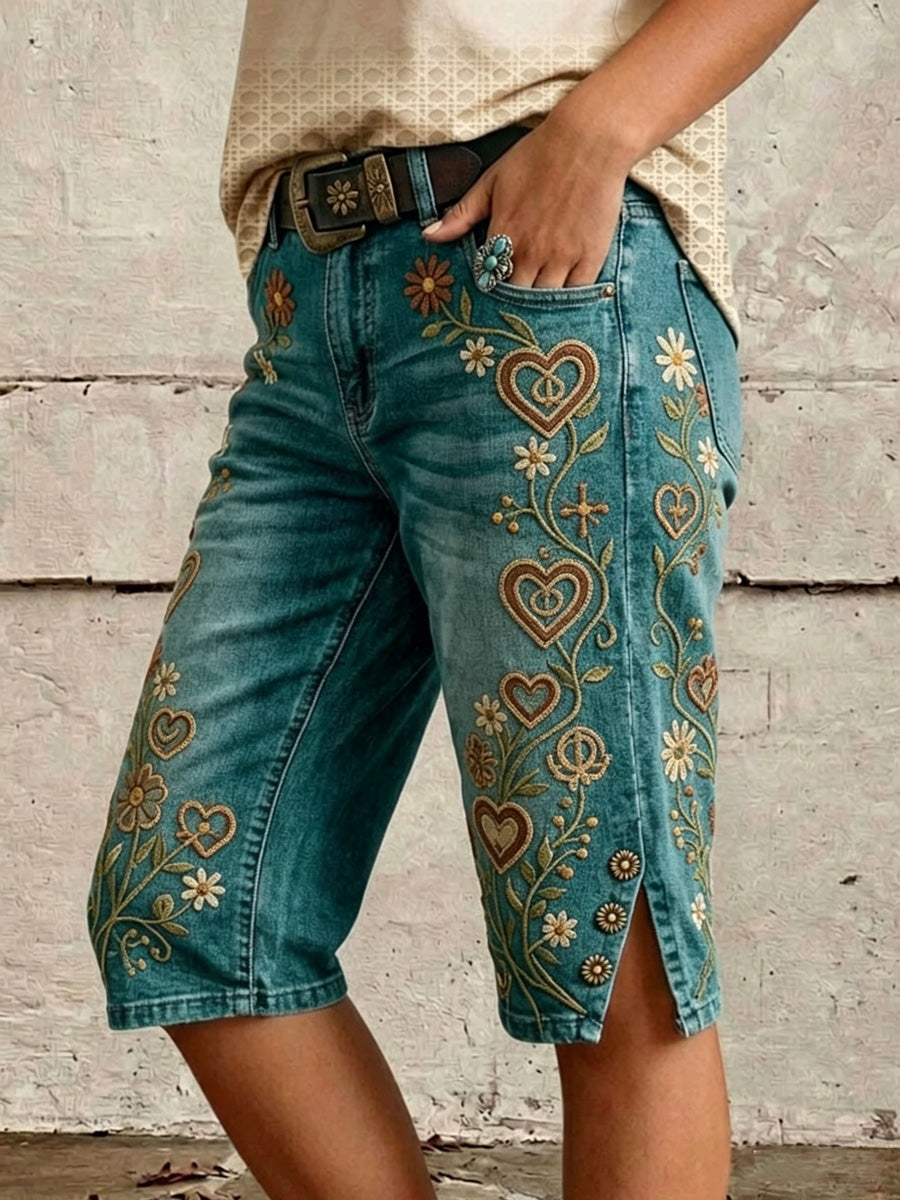 Retro Style Floral Print Vintage Casual Denim Shorts